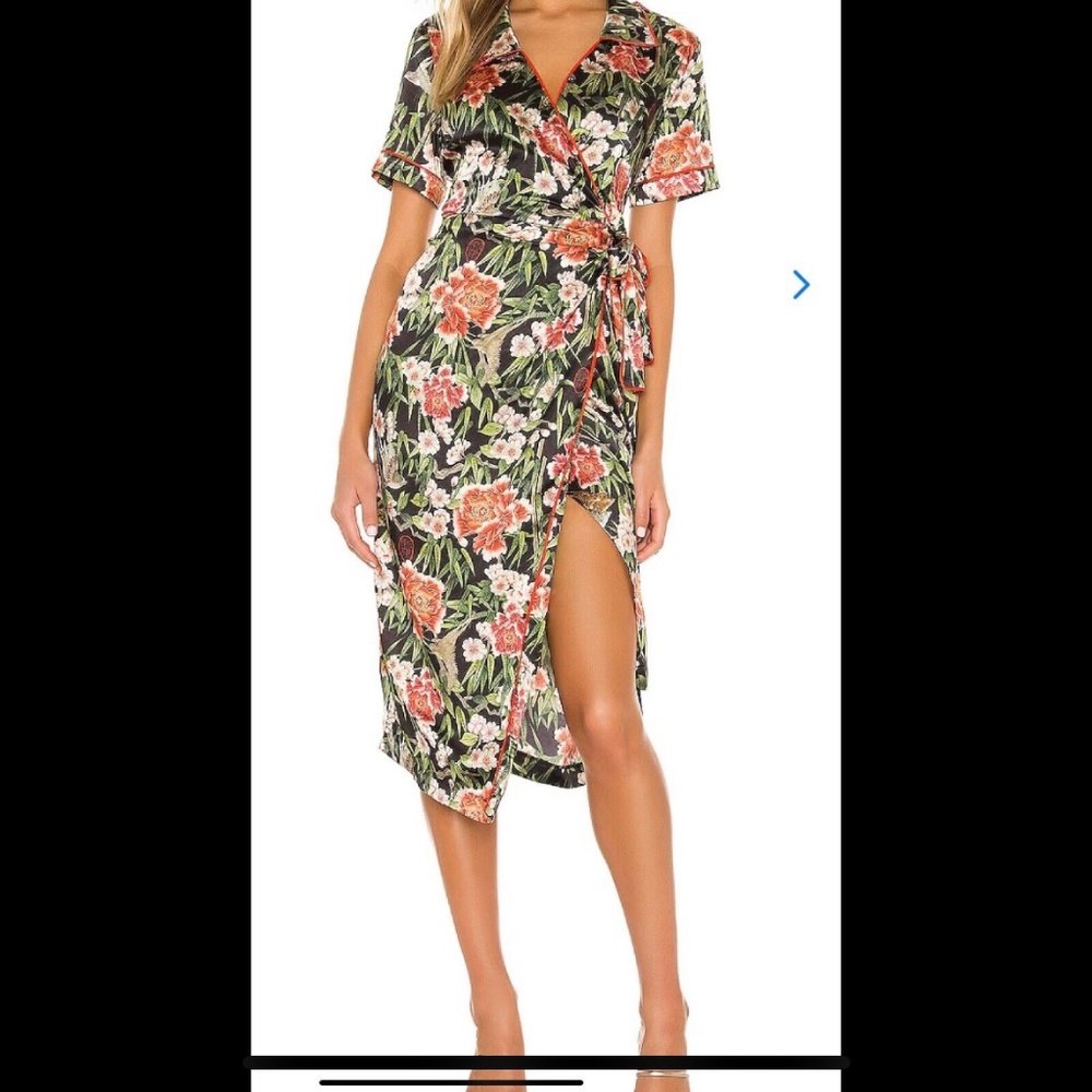 We Are HAH Perfectly Taylored Satin Floral Midi Wrap Dress Flock Together Noir S